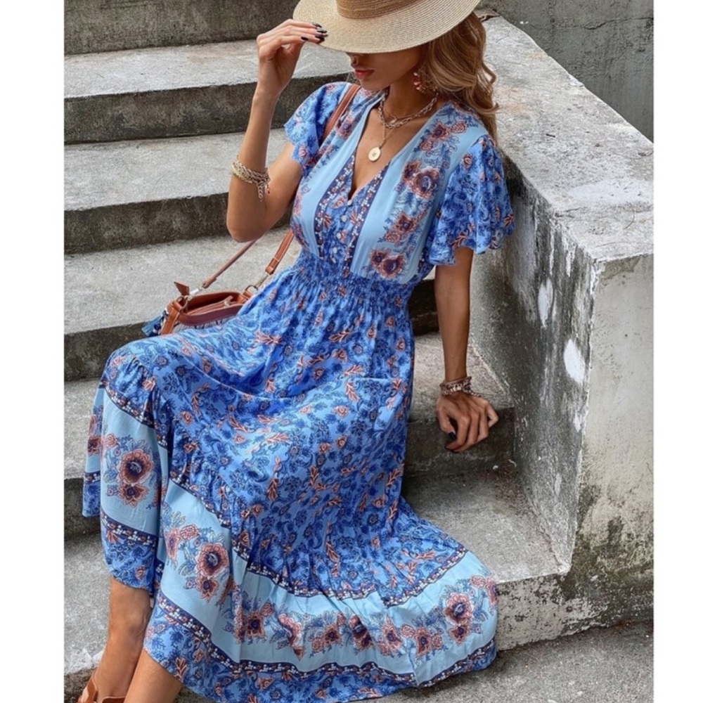 Boho floral V neck button ruffle dress